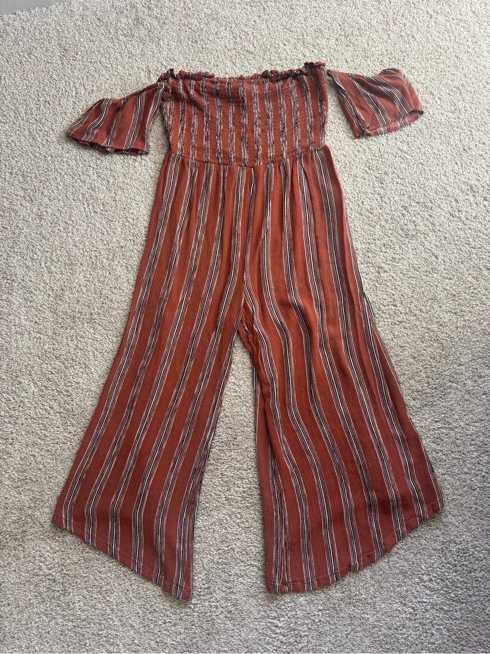 Lush Rust Striped Off-Shoulder Wide-Leg Jumpsuit